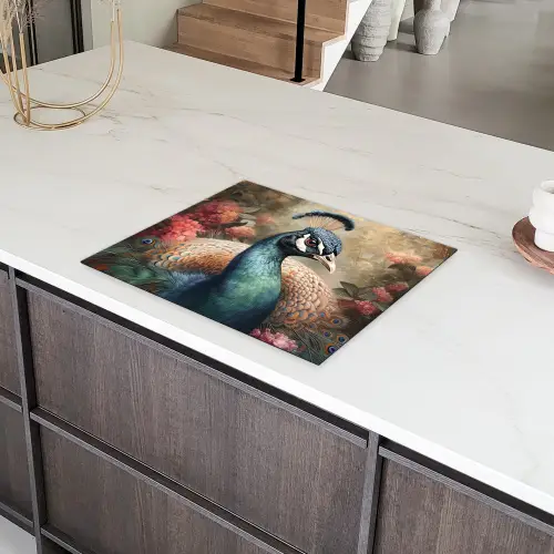 Pauw - Vogel - Bloemen - Planten - Pauwenveren Inductie beschermer vinyl 3mm groot -sfeer8