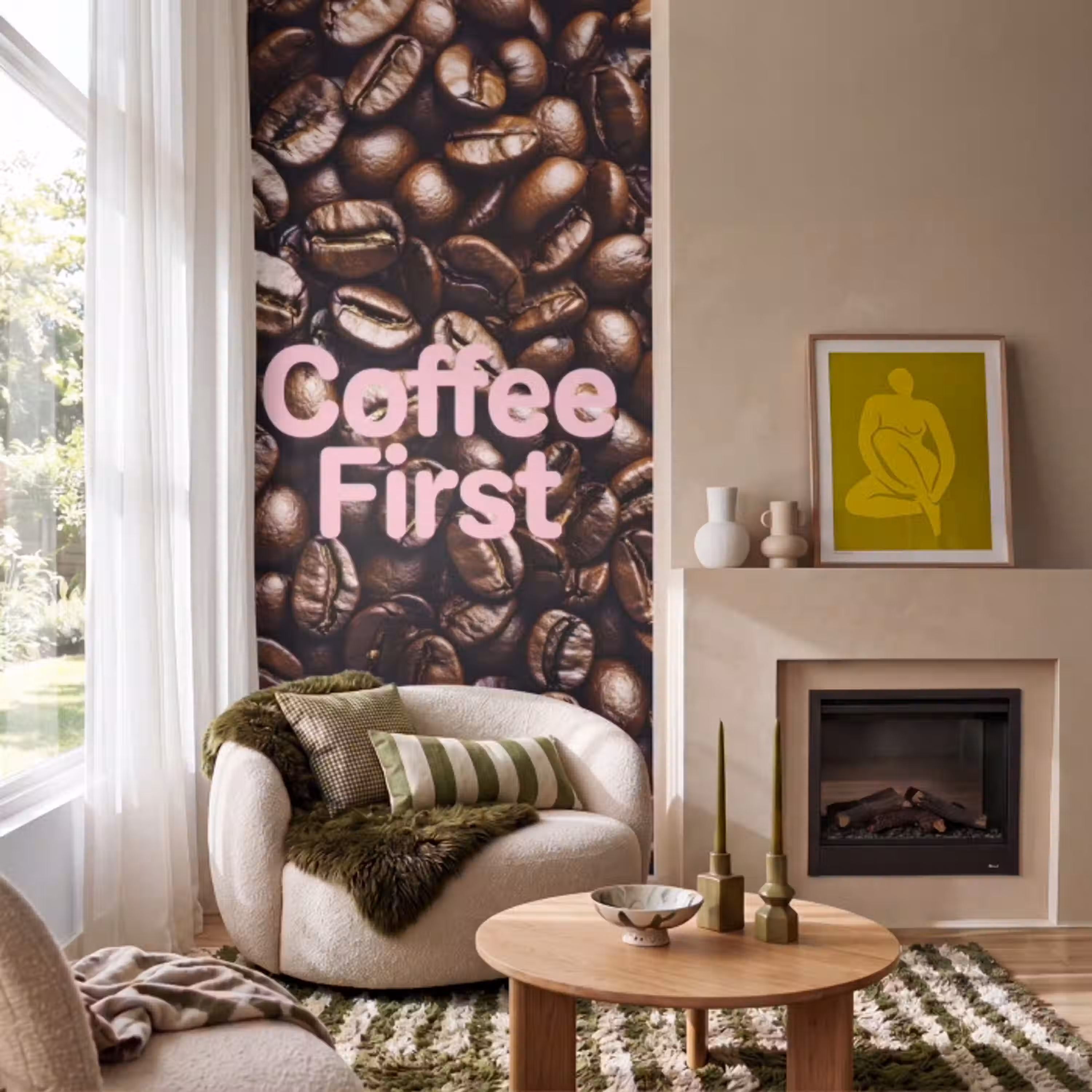 Coffee First - Koffiebonen - Roze Behang Vlies klein -sfeer2