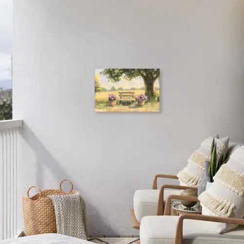 Houten bankje - Bloempotten - Landschap Tuinposter op houten frame 2 cm dik klein -sfeer1