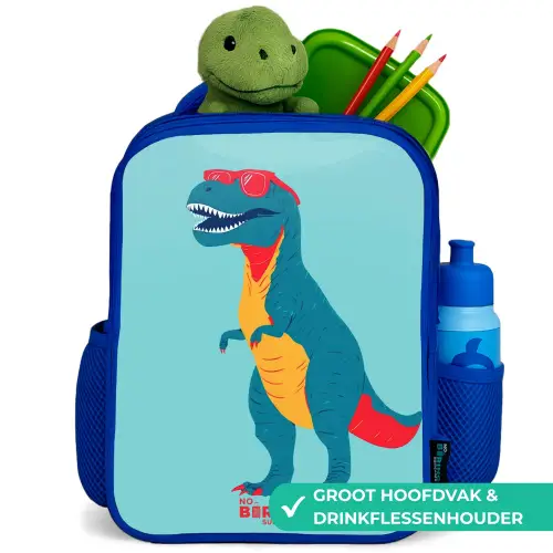 Coole T. rex met zonnebril Kinderrugzak - Blauw middel -inhoud_NL