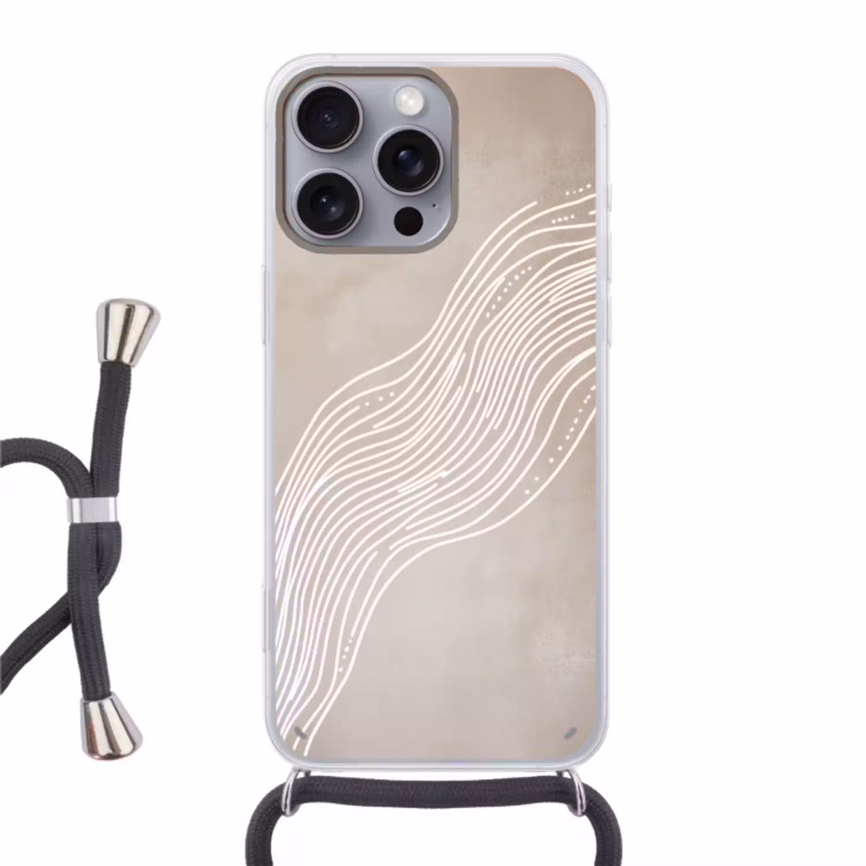 Golvende lijnen - Vloeiend - Zandkleurig Hoesje iPhone 16 Pro Max met koord klein -3d