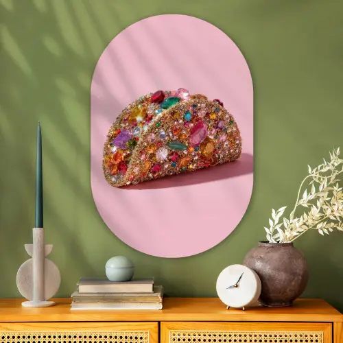 Taco - Kleurrijk - Edelstenen - Goud Wandcirkel Ovaal Glas middel -sfeer2