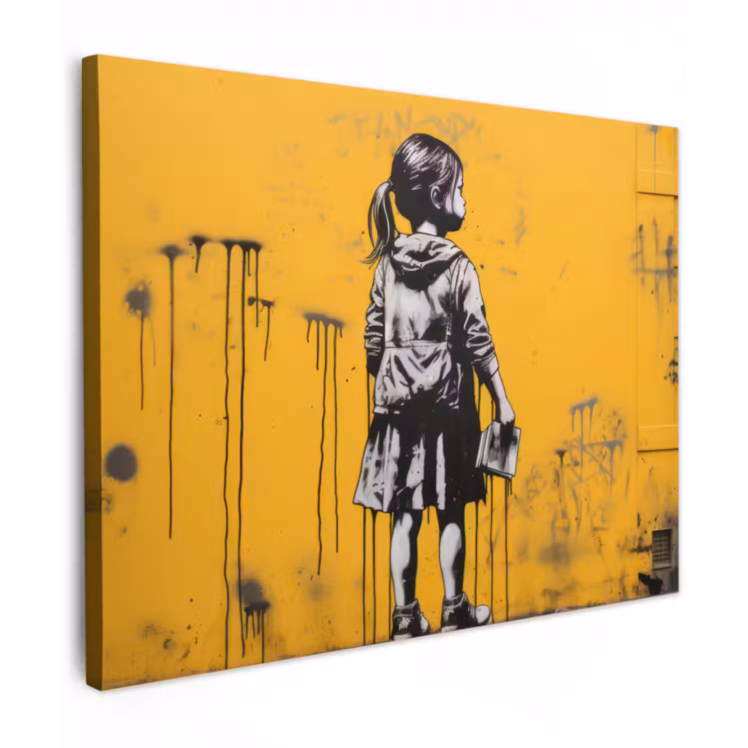 Leinwandbild - Mädchen - Buch - Gelbe Wand - Graffiti