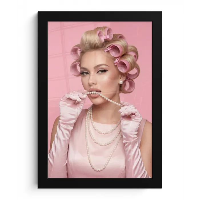Vrouw - Roze - Parelketting - Krulspelden fotolijst zwart zonder passe partout klein -3d