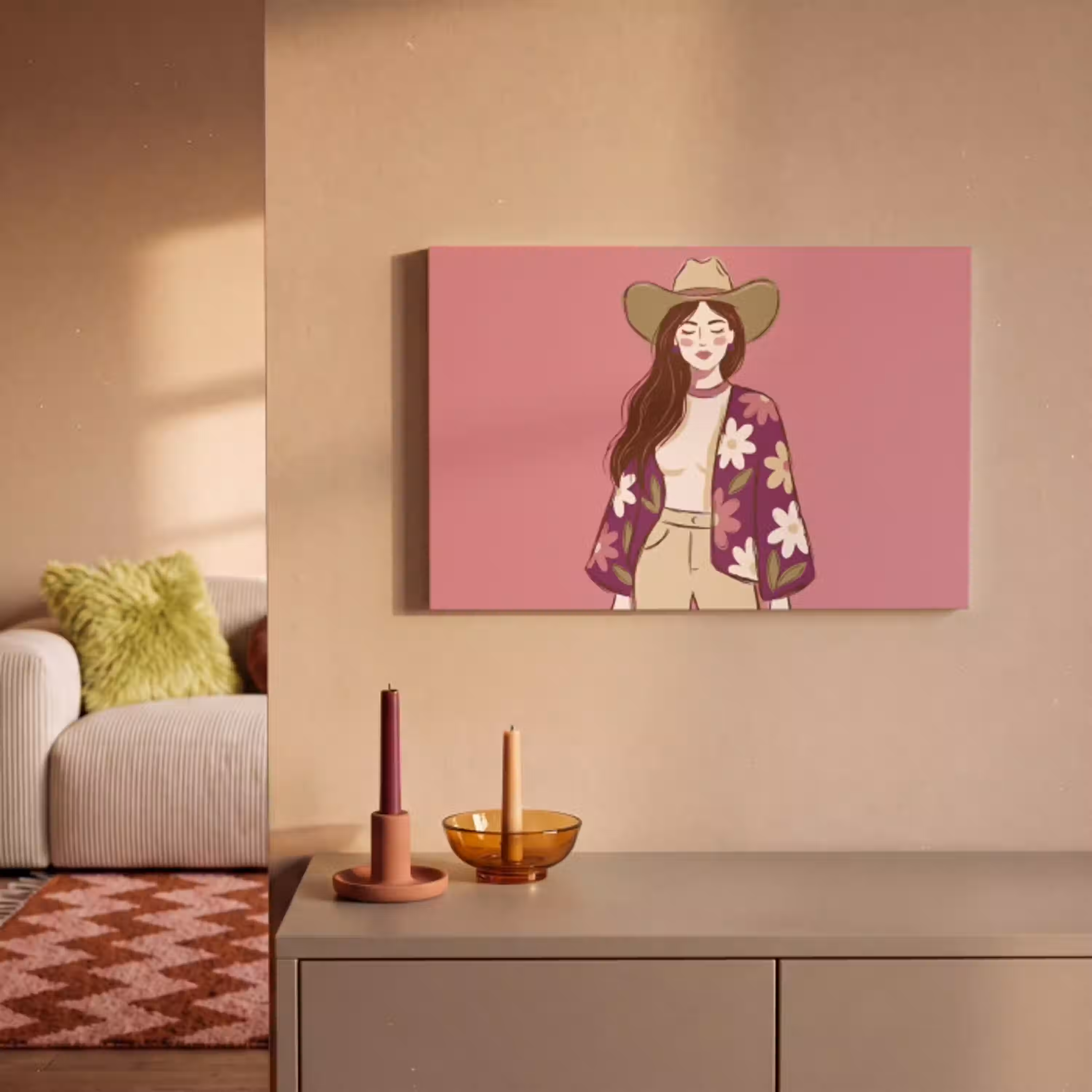 Vrouw - Hoed - Portret - Illustratie - Roze canvas 2cm klein -sfeer1