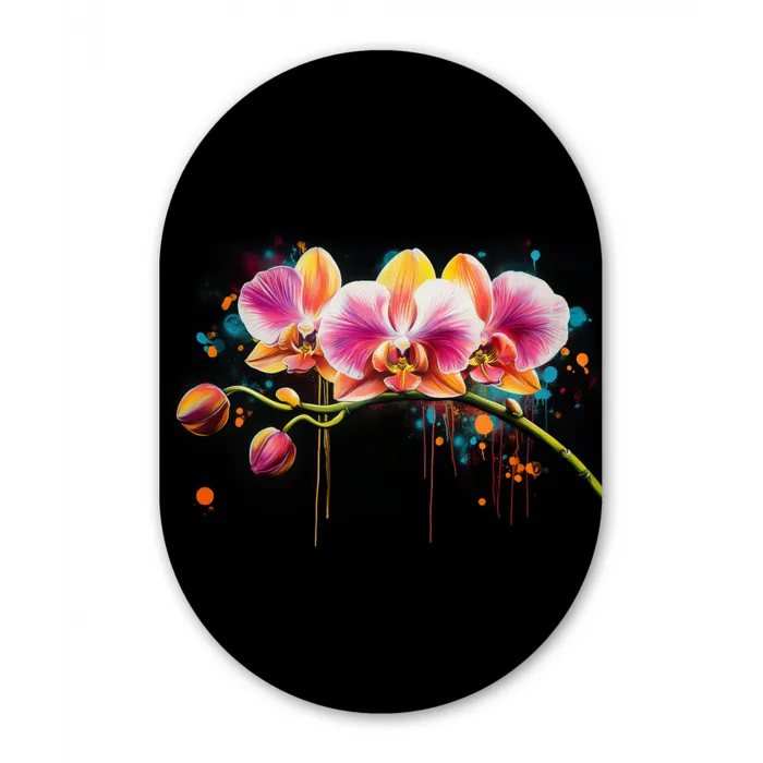 Orchidee - Graffiti - Kleurrijk - Bloemen - Abstract Wandcirkel Ovaal Glas middel -3d