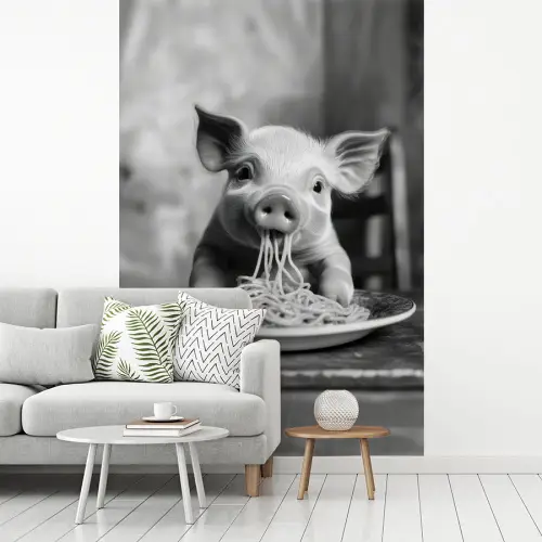 Varken - Schattig - Spaghetti - Zwart wit - Dier fotobehang vinyl groot -woonkamer