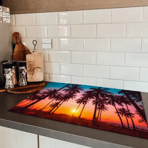 Palmboom - Zonsondergang - Horizon - Strand - Oranje - Roze Inductie beschermer vinyl 3mm klein -sfeer3