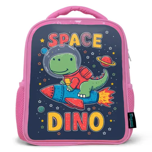 Dino - Raket - Kleurrijk Kinderrugzak - Roze middel -3d