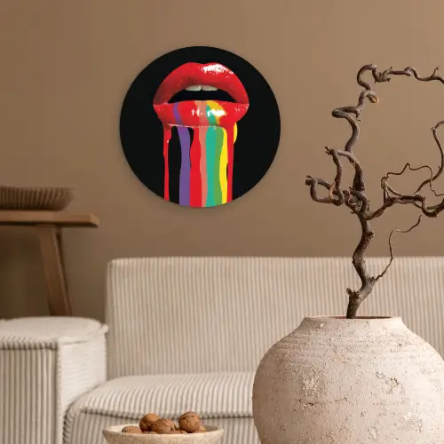 Lippen - Kleuren - Zwart Wandcirkel kunststof plaat 5mm dik klein -sfeer1