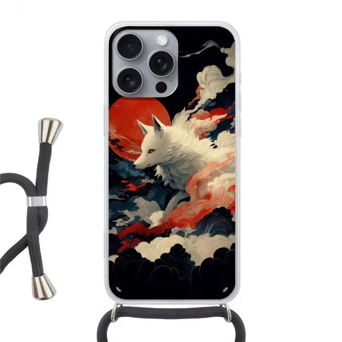 Witte vos - wolken - maan Hoesje iPhone 16 Pro Max met koord klein -3d