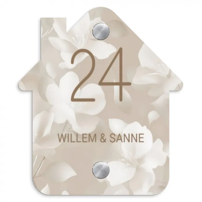 Beige bloemen - Klassiek Naambord Huisje klein -3d