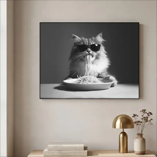 Langharige kat - Zonnebril - Spaghetti - Humor - Zwart - wit Textielframe zwart klein -sfeer2