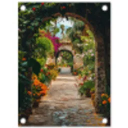 Doorkijk - Bloemen - Poort - Stenen tuinposter los doek klein -3d