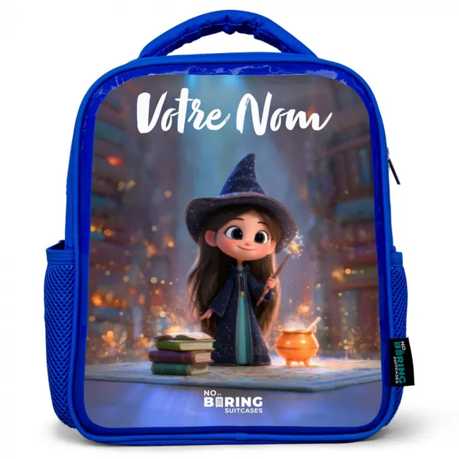 Kleine tovernares in bibliotheek Kinderrugzak - Blauw middel -3d