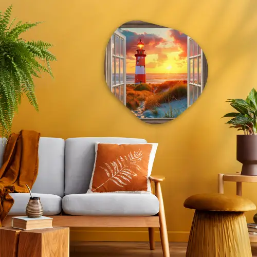 Doorkijk - Raam - Vuurtoren - Zonsondergang - Strand Wandcirkel Organisch Aluminium middel -sfeer4