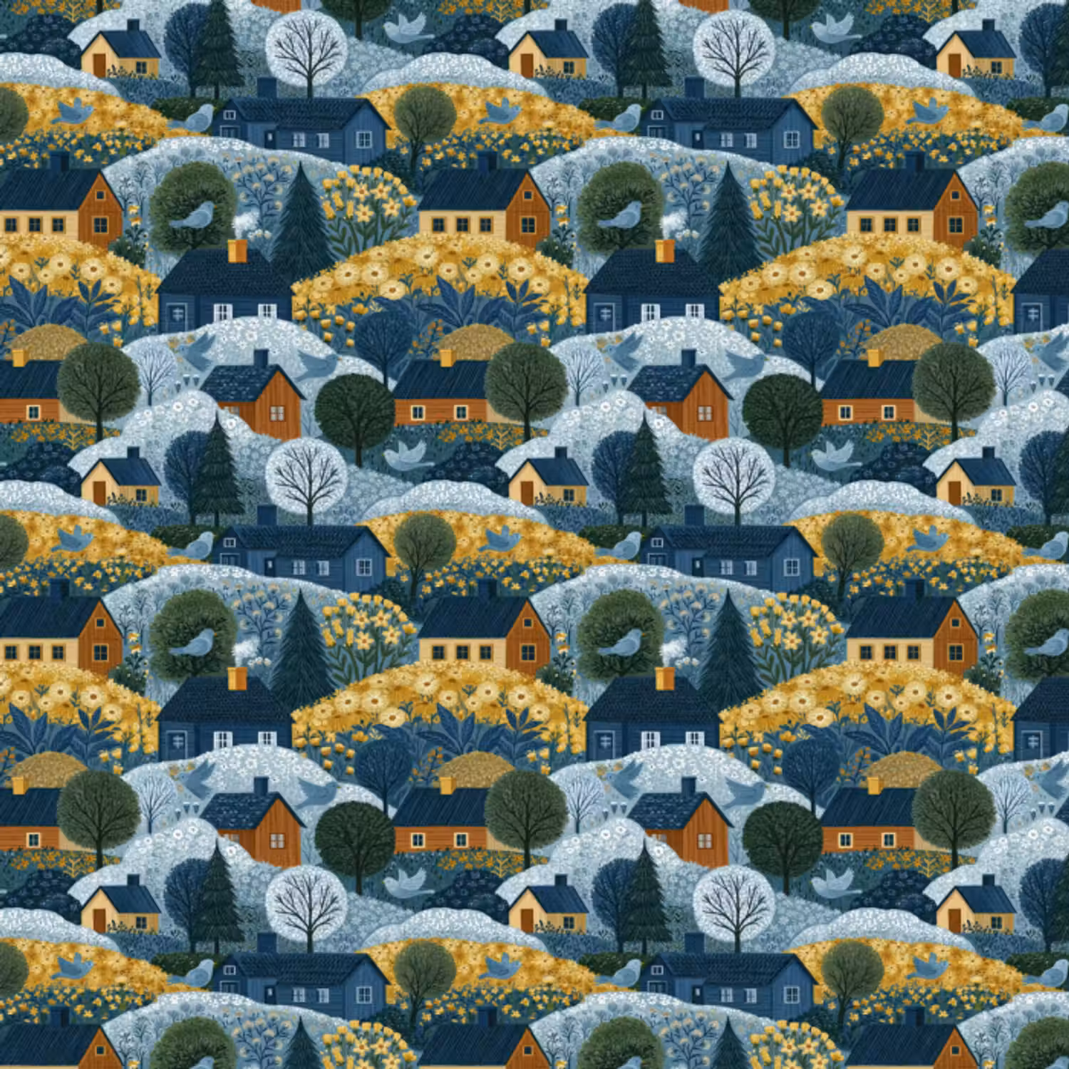 Behang - Huisjes - Bloemen - Patroon - Geel - Blauw