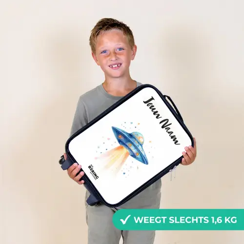 Blauw ruimteschip met lichtstraal Kinderkoffer - Zwart klein -sfeer4_NL