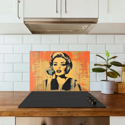 Retro - Vrouw - Koptelefoon - Oranje keuken achterwand spatscherm klein -sfeer2