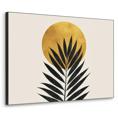 Zwart palmblad - Gouden cirkel - Beige achtergrond Textielframe zwart klein -3d