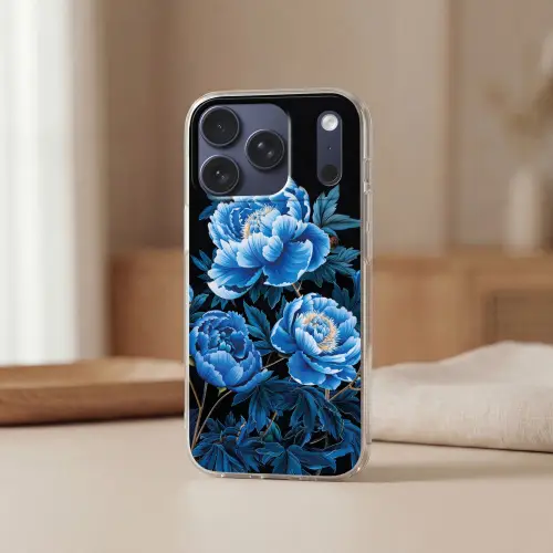 Bloemen - Zwart - Blauw - Modern Telefoonhoesje iPhone 17 Pro klein -sfeer2