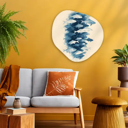 Vissen - Minimalistisch - Blauw Wandcirkel Organisch Plexiglas middel -sfeer4