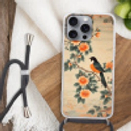 Vogel - Tak - Bloemen - Oranje Hoesje iPhone 16 Pro Max met koord klein -sfeer4