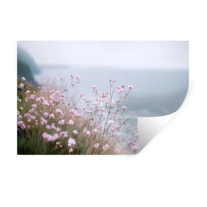 Klif - Bloemen - Zee - Roze Muursticker klein -3d