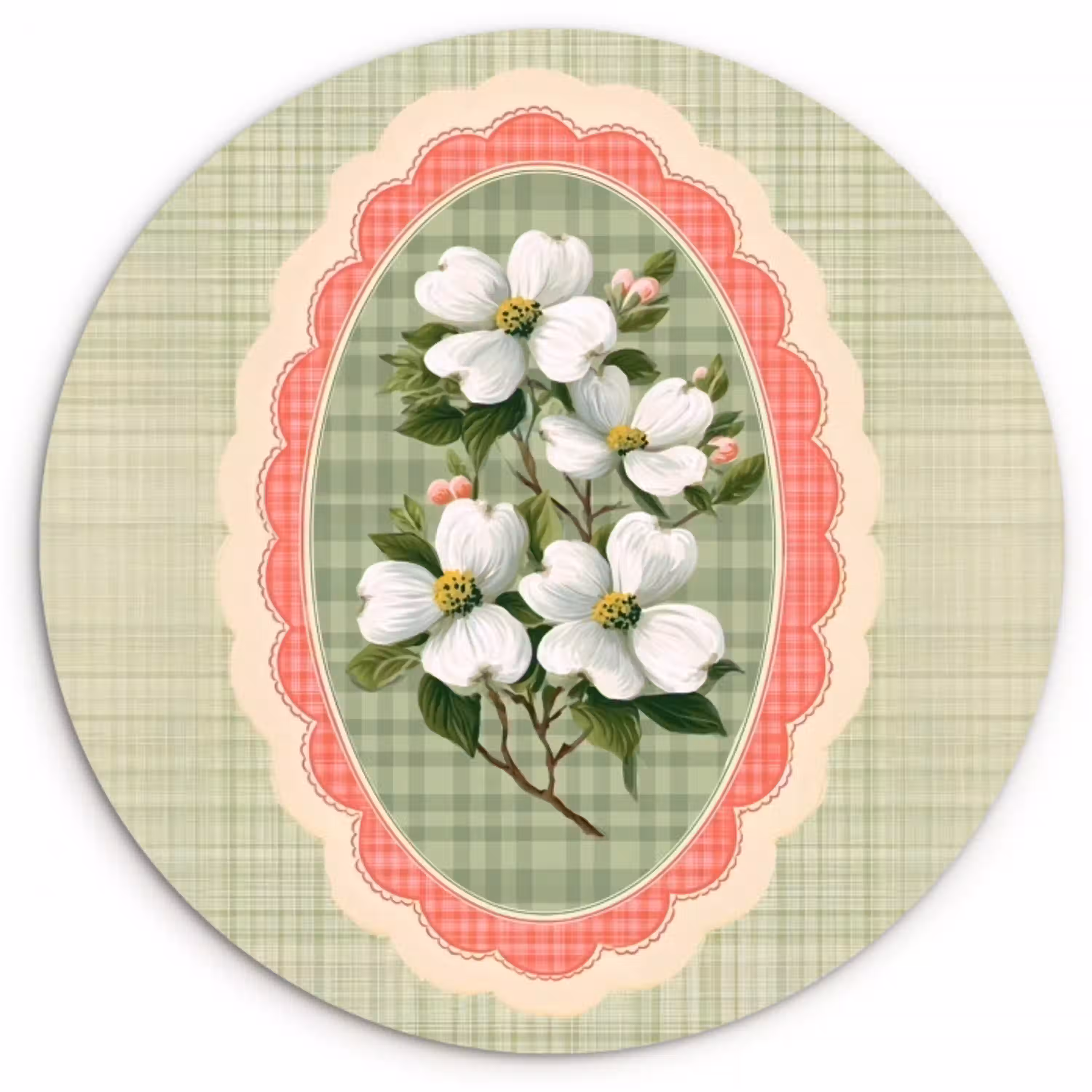 Bloemen - Illustratie - Geruit - Groen Wandcirkel kunststof plaat 5mm dik klein -3d