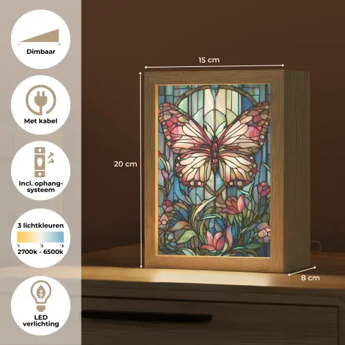 Vlinder - Roze - Bloemen - Bladeren Light Box met kabel (Tafellamp) klein -USP_NL