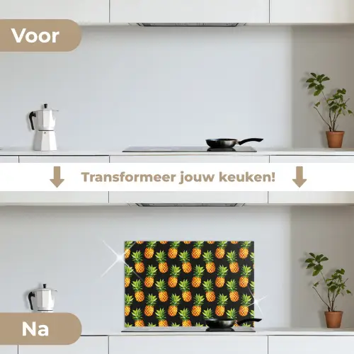 Tropische - Ananas - Zwart keuken achterwand spatscherm klein 900 -voor_na_NL