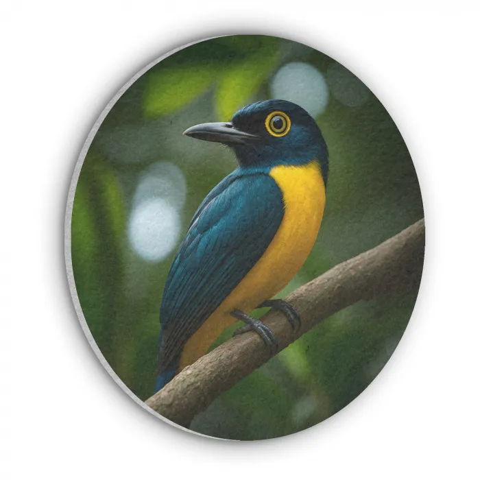 Vogel - Tak - Geel - Bladeren Akoestische PET Vilt - Rond klein -3d