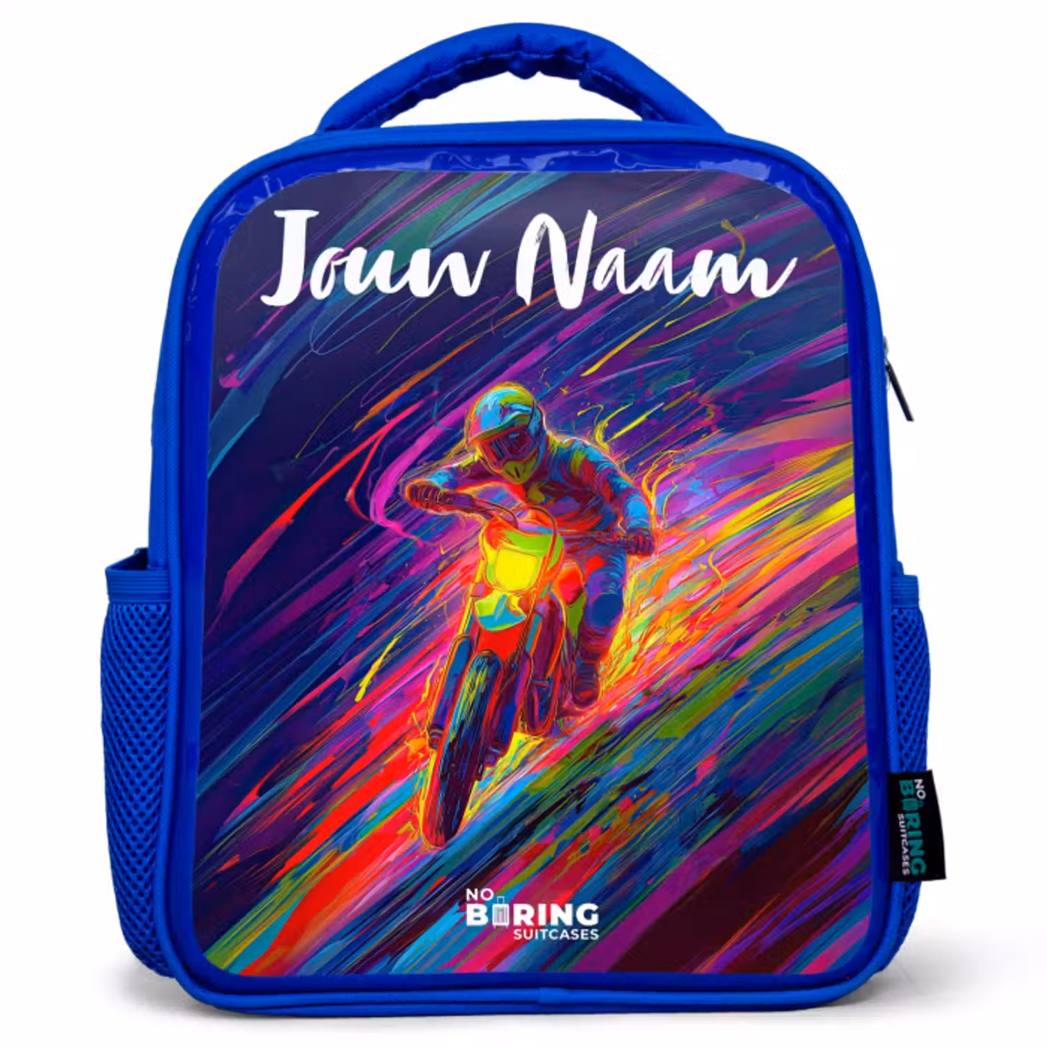 Kinderrugzak met naam - Blauw - Crossmotor - Neonkleuren - Lijnen - Helm
