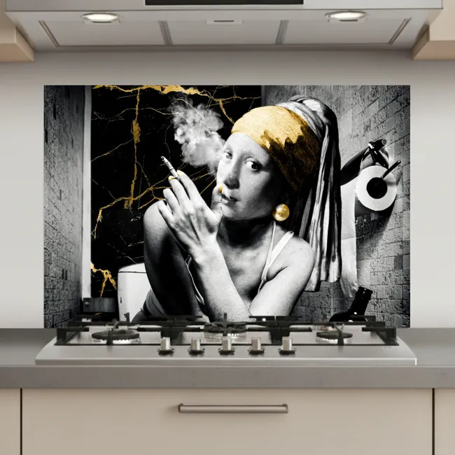 Marmerlook - Meisje met de parel - Sigaretten - Toilet - Goud - Kunst - Oude meesters keuken achterwand spatscherm klein -3d_website