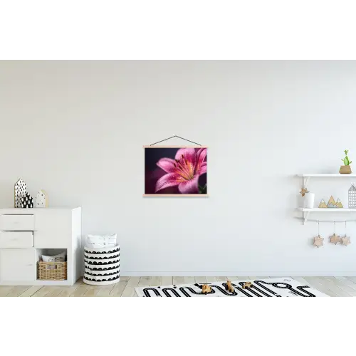 Roze - lelie - Dauwdruppels textielposter latten blank klein -kinderkamer