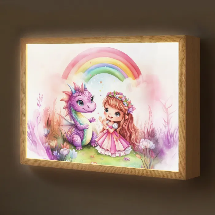 Meisje - Draak - Regenboog Light Box met batterij (Wandlamp kind) middel -z3d_website