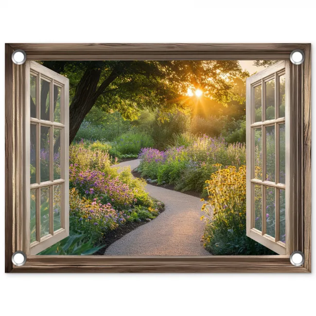 Doorkijk - Bloemen - Natuur - Zon - Pad tuinposter los doek klein -3d