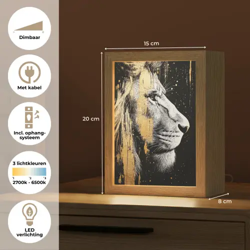 Portret - Leeuw - Abstract - Goud Light Box met kabel (Tafellamp) klein -USP_NL