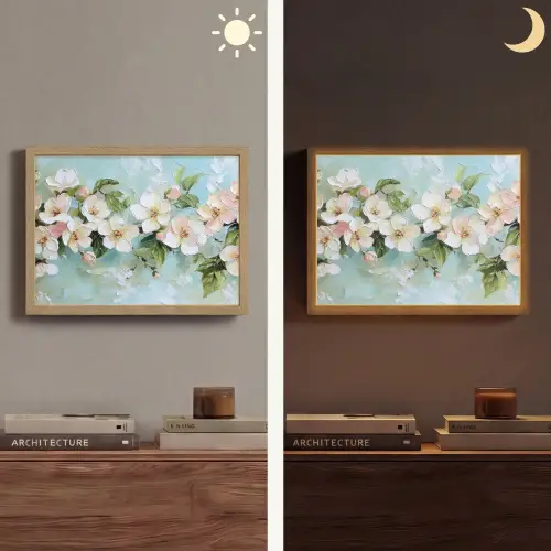 Bloesem - Bladeren - Lichtblauw Light Box met batterij (Wandlamp) middel -sfeer3