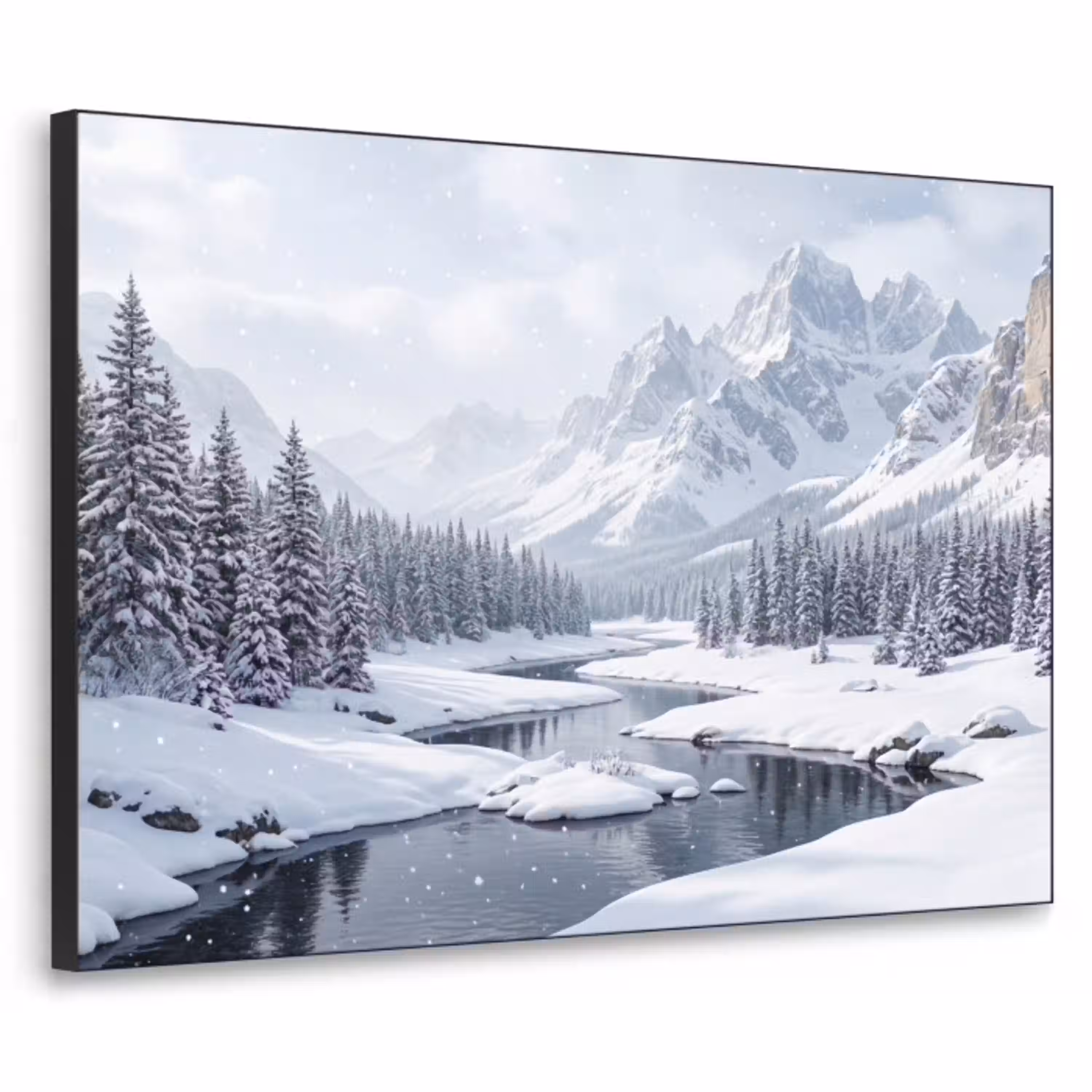Sneeuwlandschap - Bergen - Rivier - Winter Textielframe zwart klein -3d