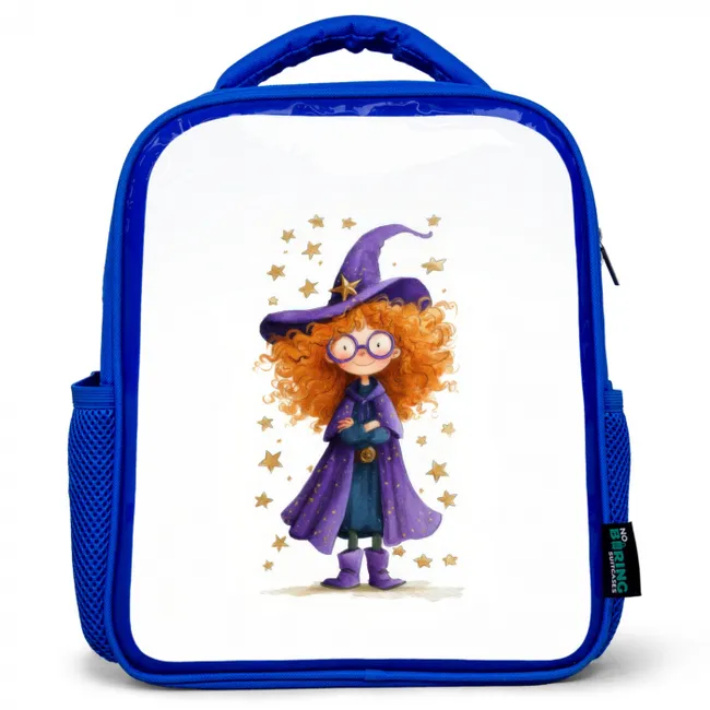 Kleine toverheks met grote bril en sterrenmantel Kinderrugzak - Blauw middel -3d