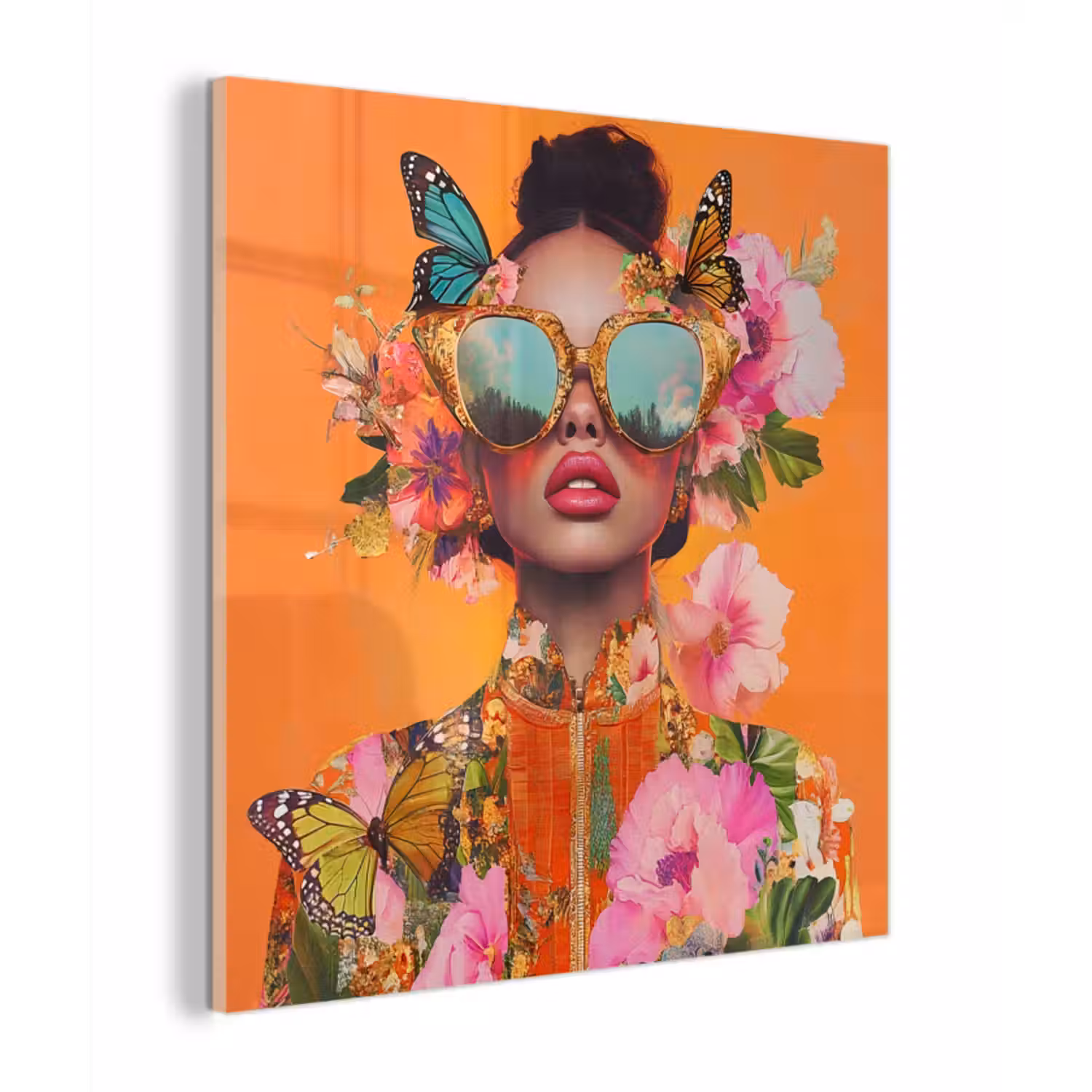 Glas schilderij - Vlinders - Vrouw - Zonnebril - Kleurrijk