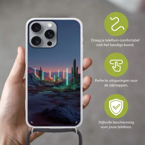Cactus - Lichtzuilen - Zonsondergang Hoesje iPhone 16 Pro Max met koord klein -sfeer2_NL