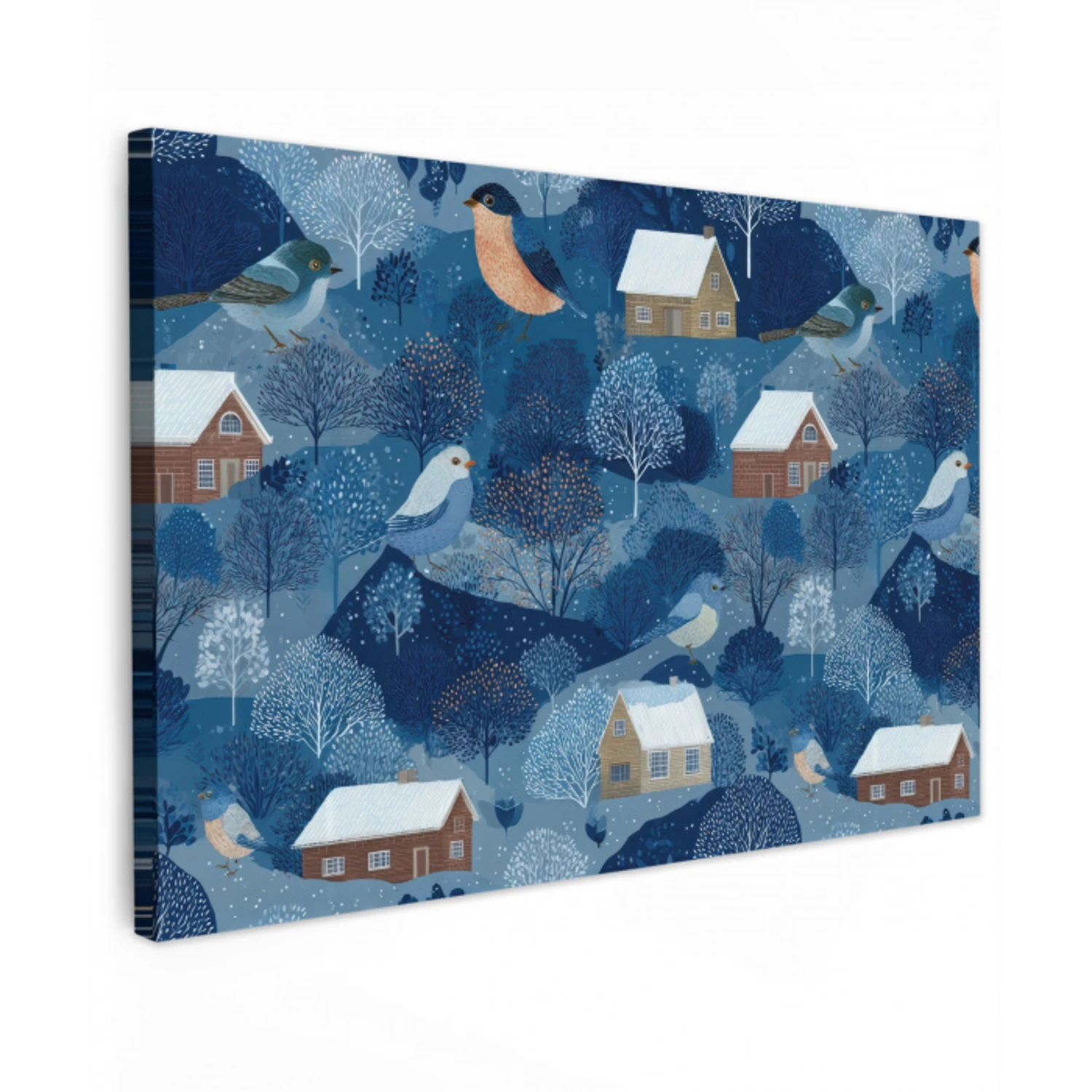 Huisjes - Vogels - Sneeuw - Winter - Blauw Tuinposter op houten frame 2 cm dik klein 845 -3d