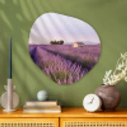Lavendel - Landschap - Sereen - Paars Wandcirkel Organisch Aluminium middel -sfeer2
