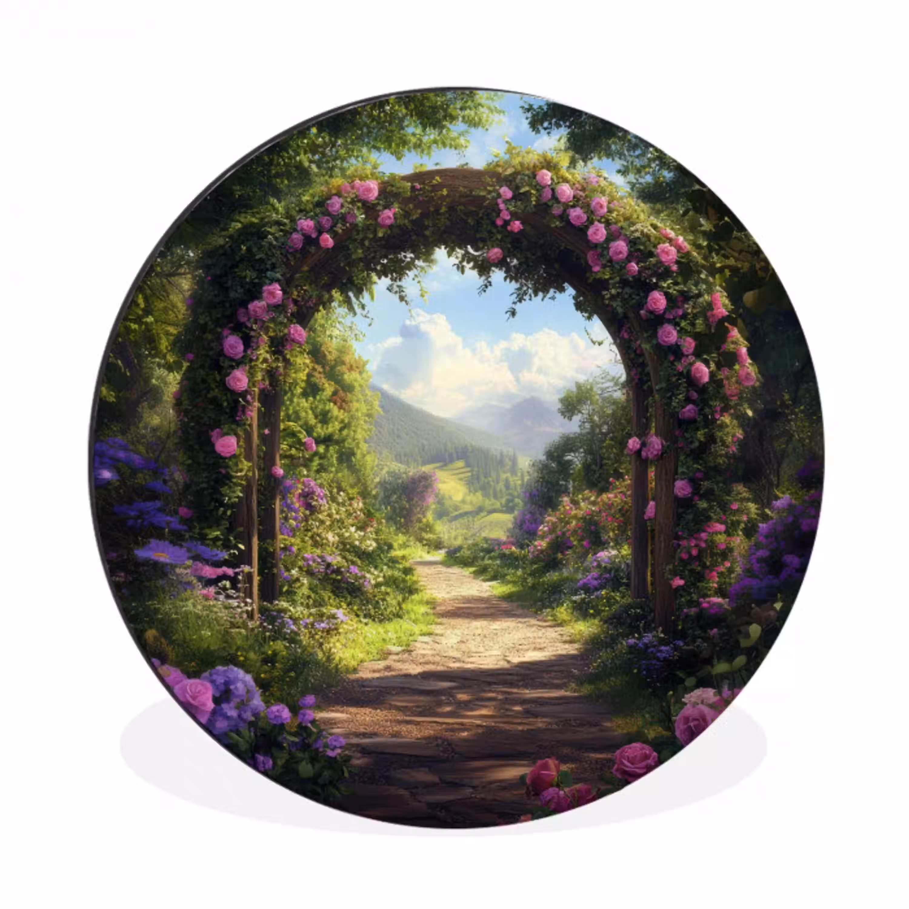 Doorkijk - Rozenboog - Uitzicht - Landschap - Bloemen Wandcirkel aluminium klein -3d