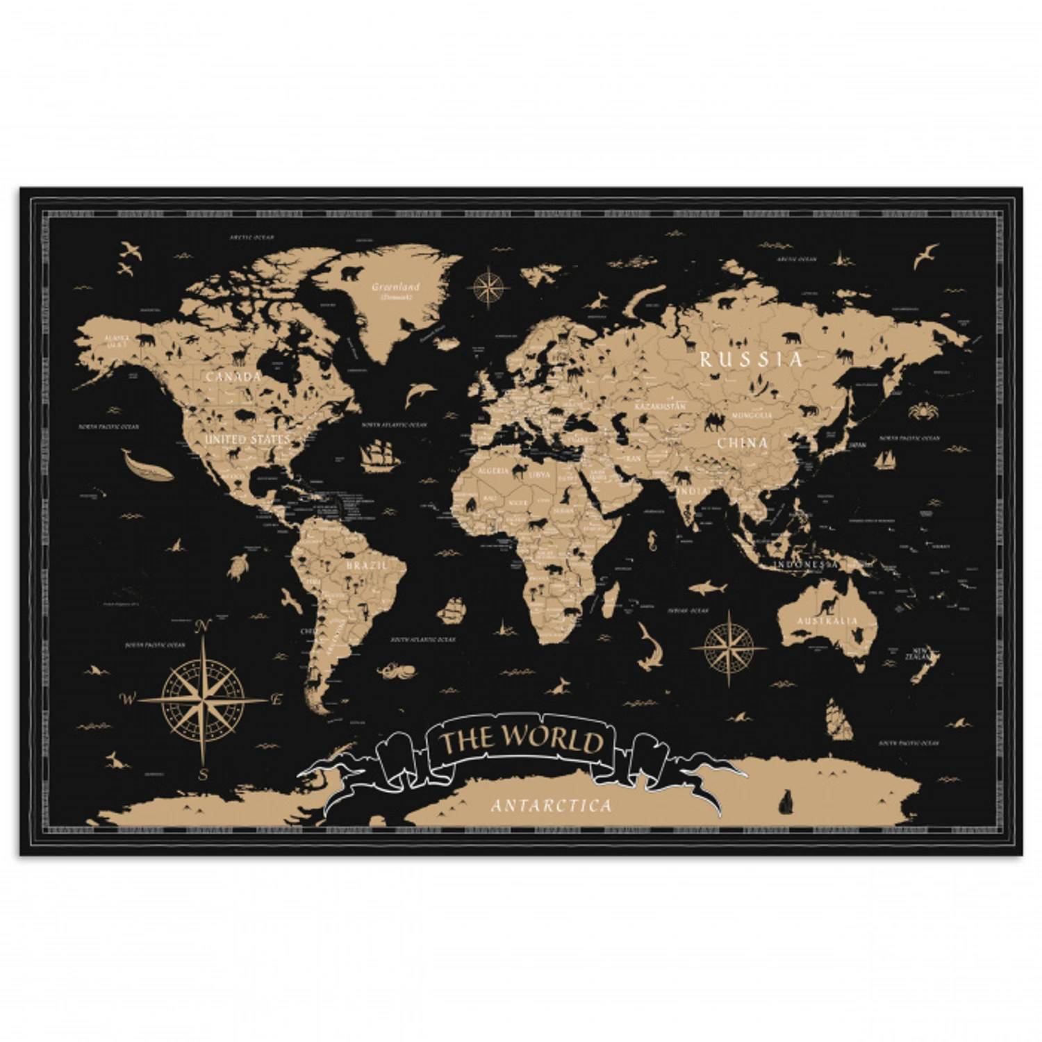 Wereldkaart - Beige - Zwart poster papier klein -3d