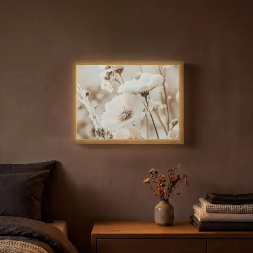 Bloemen - Winter - Wit - Sneeuw - Beige Light Box met batterij (Wandlamp) middel -sfeer4