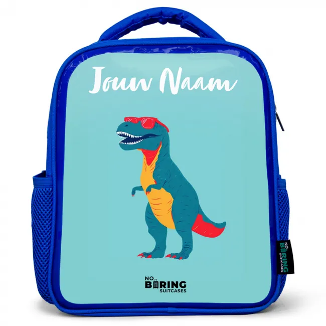 Rugzak kind met naam - Blauw Dino - Dier - Zonnebril