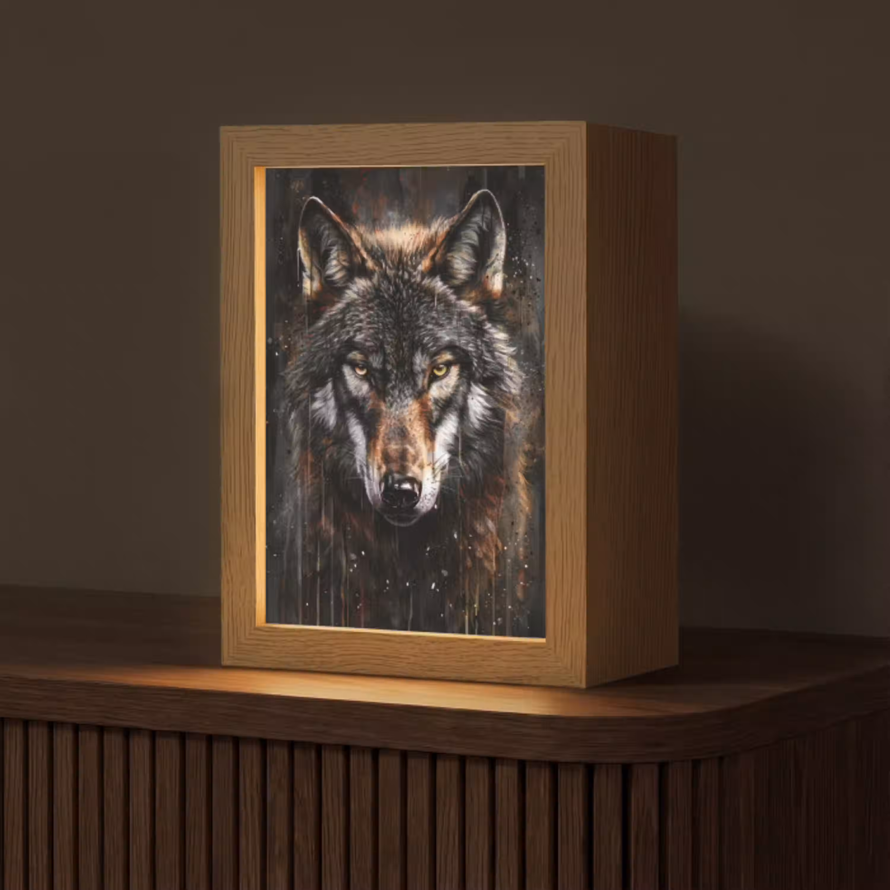 Dieren - Wolf - Portret - Zwart - Bruin Light Box met kabel (Tafellamp) klein -z3d_website